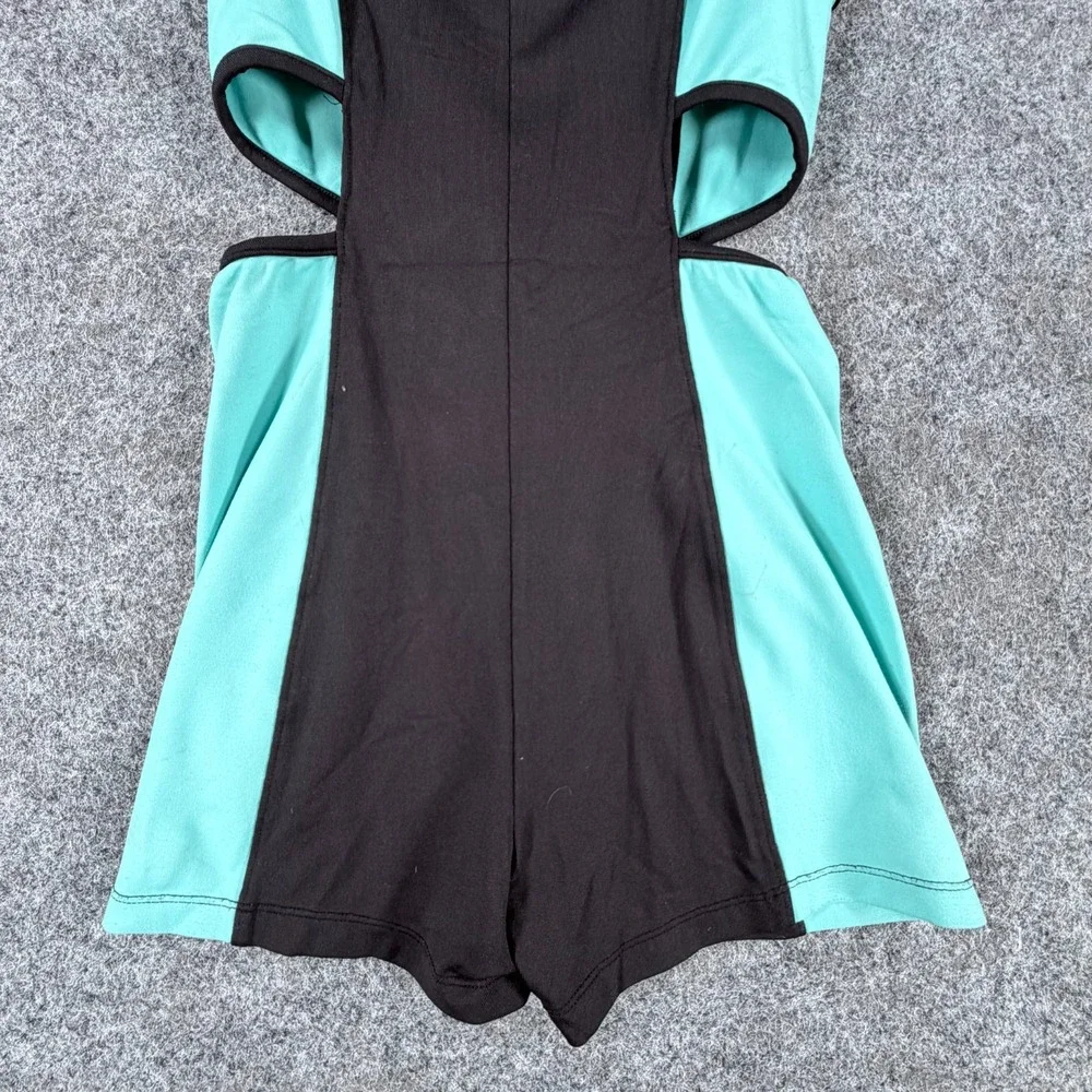 Bloch Girls Size 10 Black Teal Biketard Leotard FrontZip Cut-Out Dance Unitard
